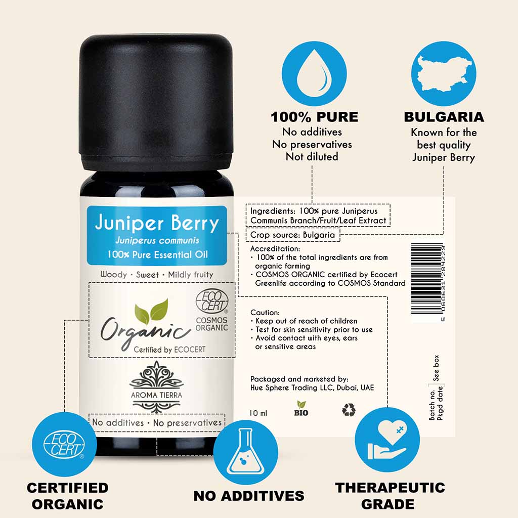 100% Certified and Pure Juniper berry essential oil, no preservatives, no additives, undiluted, no solvent, no synthetic fragrance.