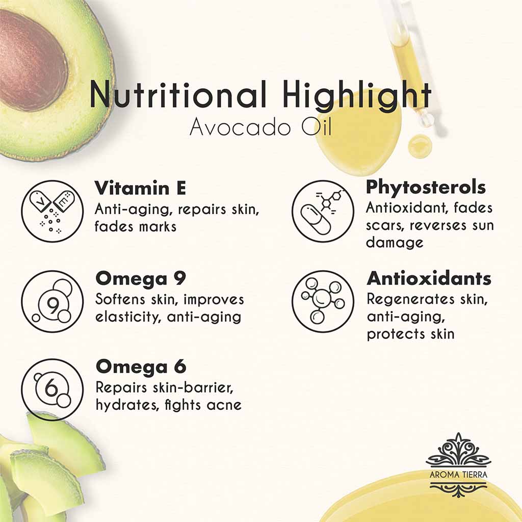 100% Certified Organic Avocado oil nutritional highlight with phytosterols and vitamin E boost collagen production.
