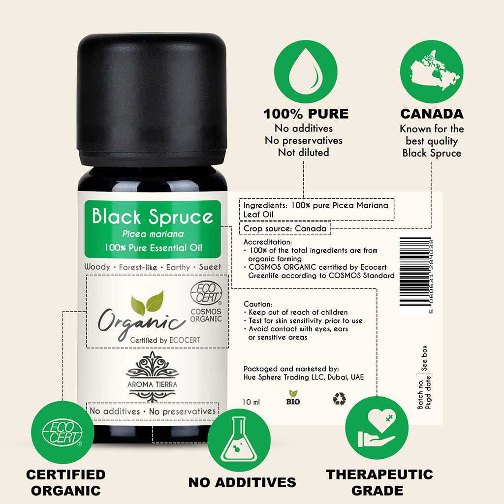 Aroma Tierra Organic Black Spruce essential oil from Canada, natural analgesic and anti-inflammatory, arthritis, sore muscles, or chronic pain.