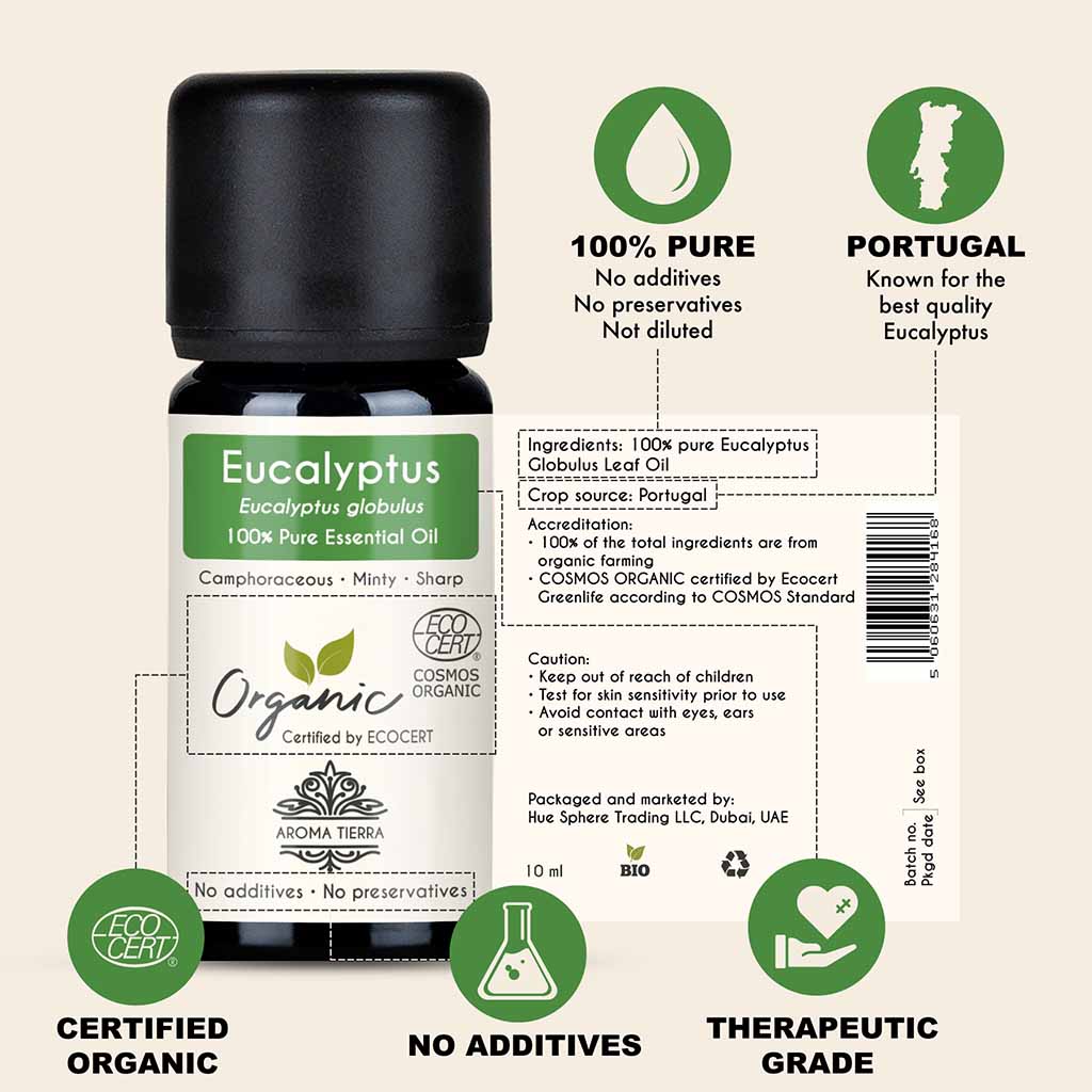 100% Certified Organic Eucalyptus essential oil, no preservatives, no additives, undiluted, no solvent, no synthetic fragrance .