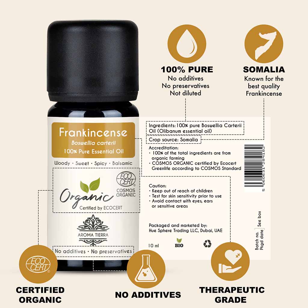 100% Certified Organic Frankincense essential oil, no preservatives, no additives, undiluted.