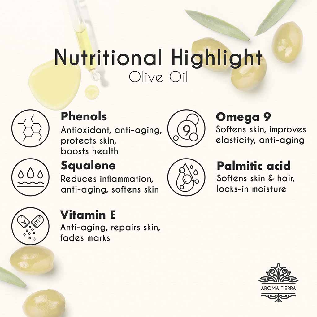 100% Certified Organic Olive oil nutritional highlight rich in polyphenols, antioxidants, vitamins, and fatty acids.