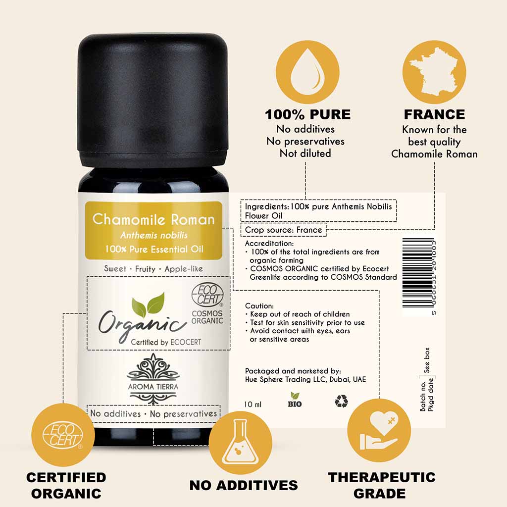 100% Certified and Pure Organic Chamomile Roman essential oil, no preservatives, no additives, undiluted, no solvent, no synthetic fragrance , therapeutic grade.