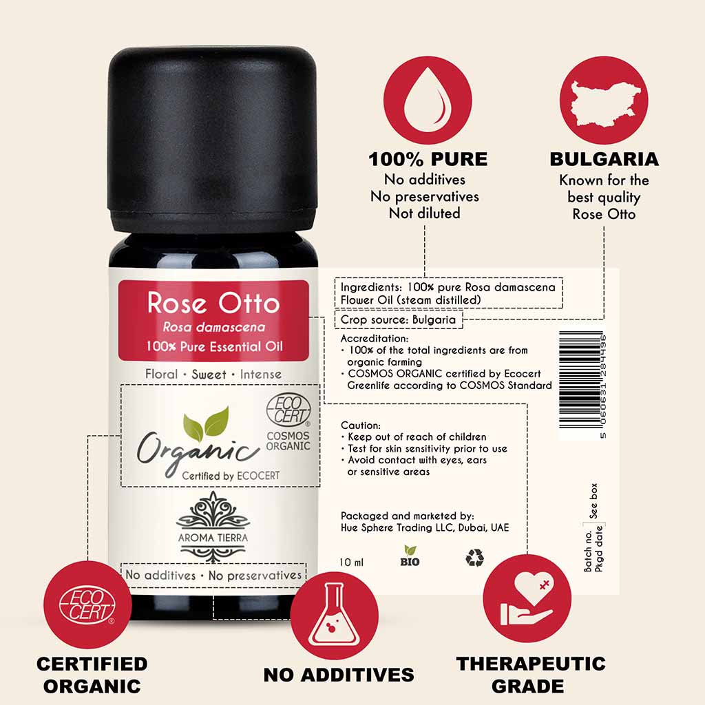 100% Certified and Pure Organic Rose essential oil, no preservatives, no additives, undiluted, no solvent, no synthetic fragrance , therapeutic grade.