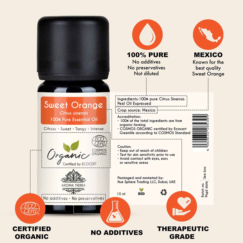 100% Certified Organic Sweet Orange essential oil, no preservatives, no additives, undiluted, no solvent, no synthetic fragrance.