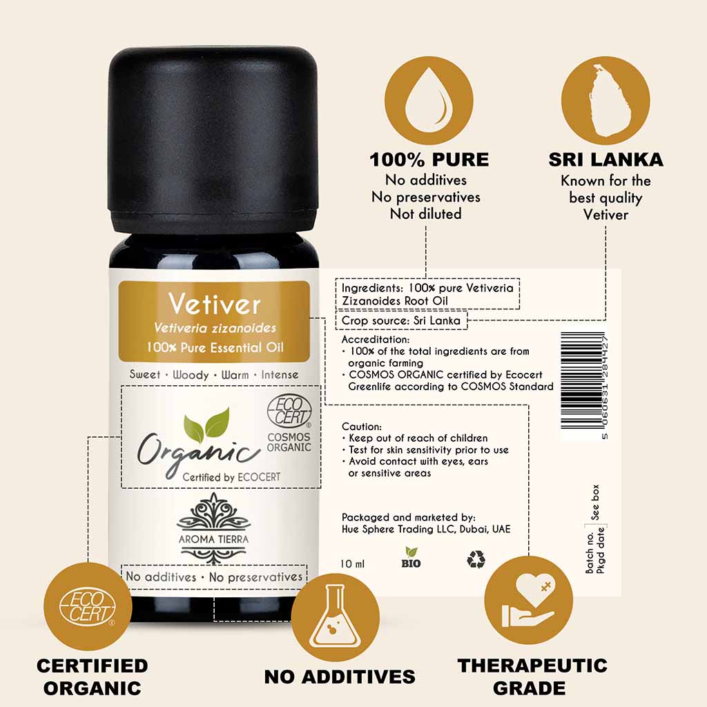 100% Certified and Pure Organic Vetiver essential oil, no preservatives, no additives, undiluted, no solvent, no synthetic fragrance , therapeutic grade.