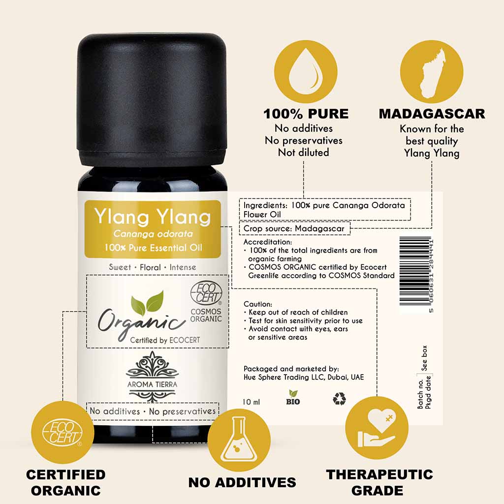 100% Certified Organic Ylang Ylang essential oil, no preservatives, no additives, undiluted, no synthetic fragrance.