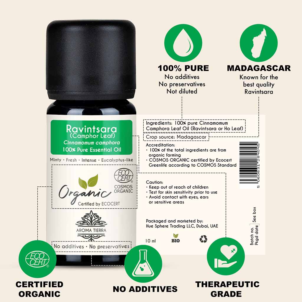 100% Certified and Pure Ravintsara essential oil, no preservatives, no additives, undiluted, no solvent, no synthetic fragrance.