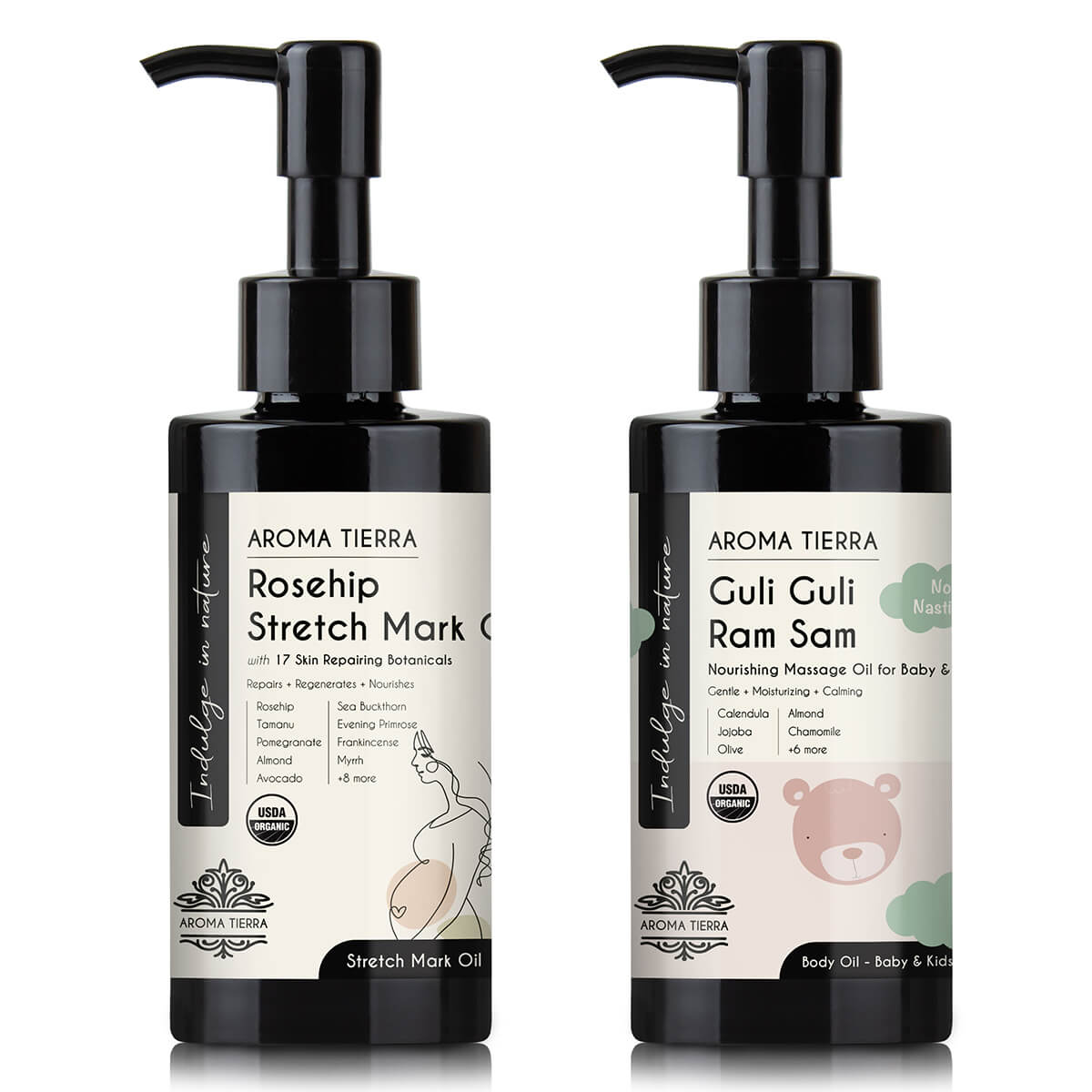 Aroma Tierra Organic and Natural Gift Set, Rosehip Stretch Mark Oil for Women and Guli Guli Ram Sam Massage Oil for Babies and Kids, made with natural ingredients for sensitive skin
