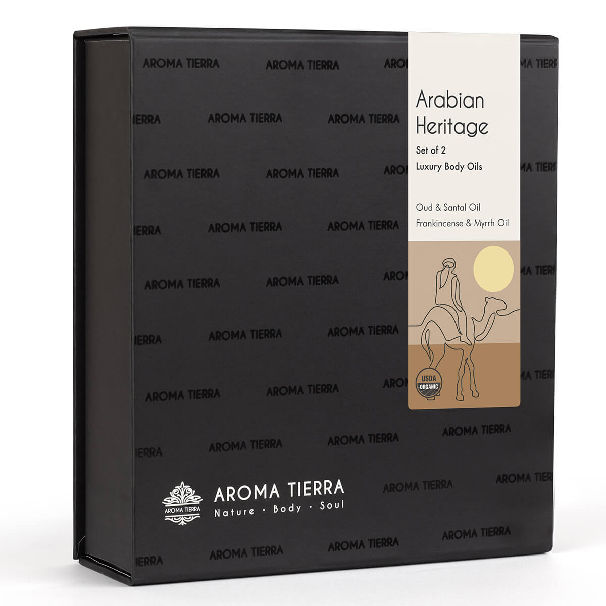 Aroma Tierra Arabian heritage luxury organic body oils packaging.