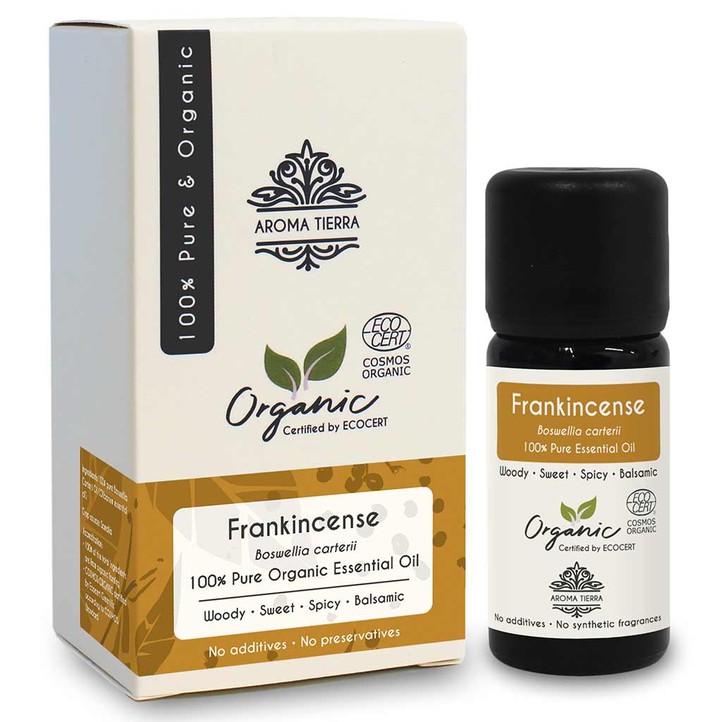 Aroma Tierra Organic Frankincense essential oil fades wrinkles and fine lines, fades marks, dark spots and pigmentation.