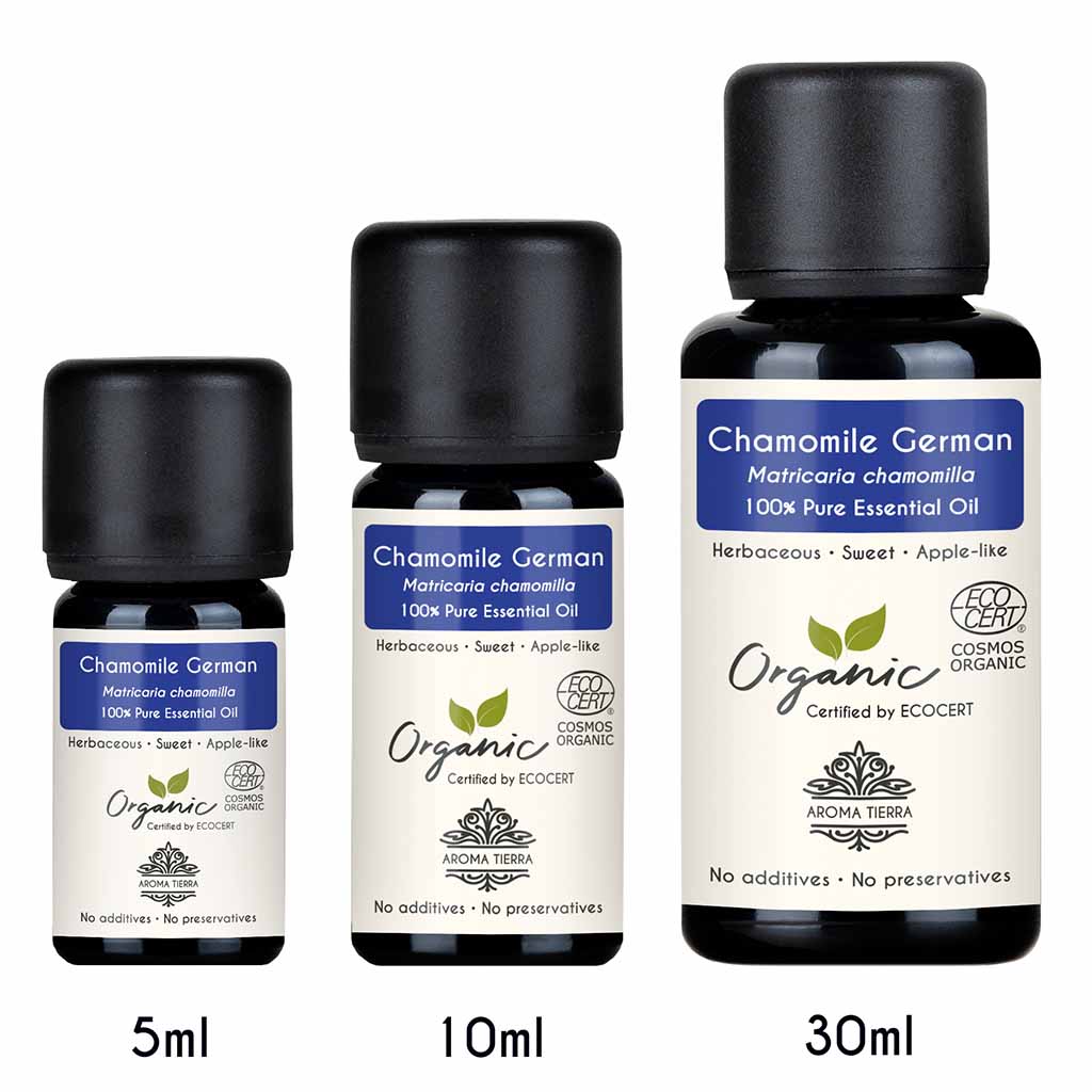 Aroma Tierra Organic Chamomile German essential oil for diffuser with chamazulene, best for aromatherapy, holistic.
