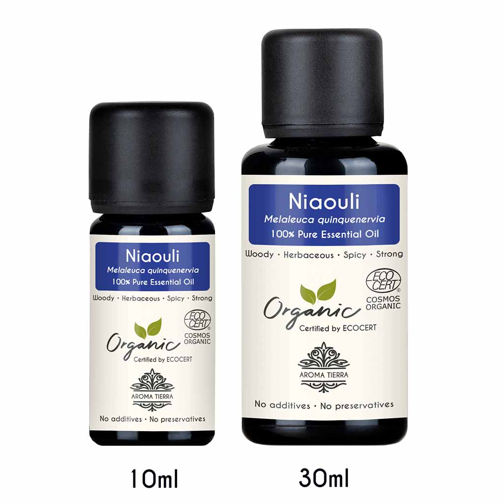 Aroma Tierra Organic Niaouli essential oil steam distillation of twigs and leaves of organic Niaouli, Melaleuca quinquenervia.