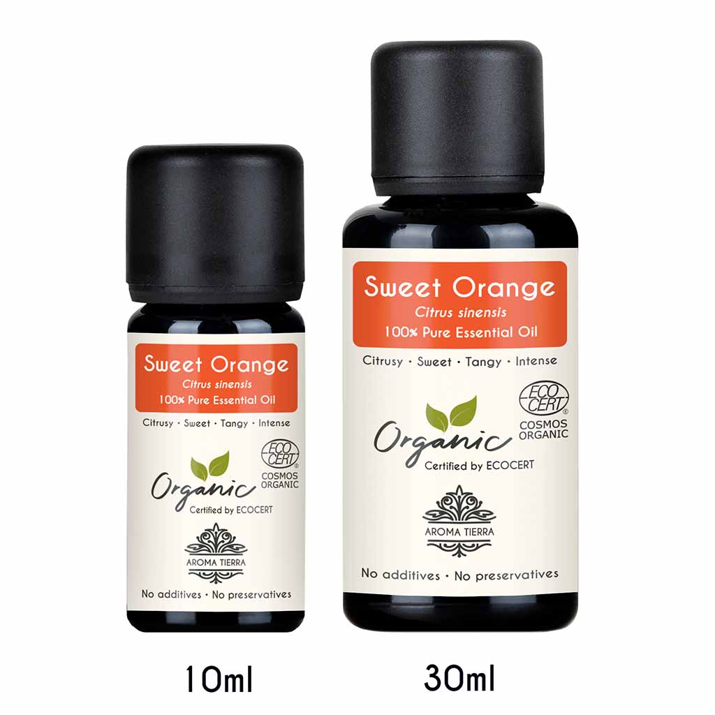 Aroma Tierra Organic Sweet Orange essential oil best for diffuser with fresh, citrusy aroma.