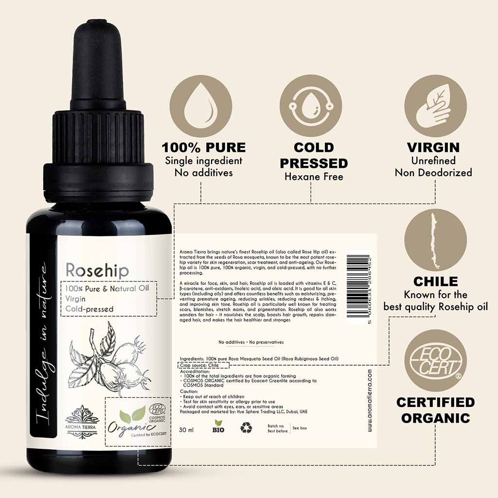 Aroma Tierra 100%  pure Rosehip oil unrefined with no additives, no hexane and undiluted.