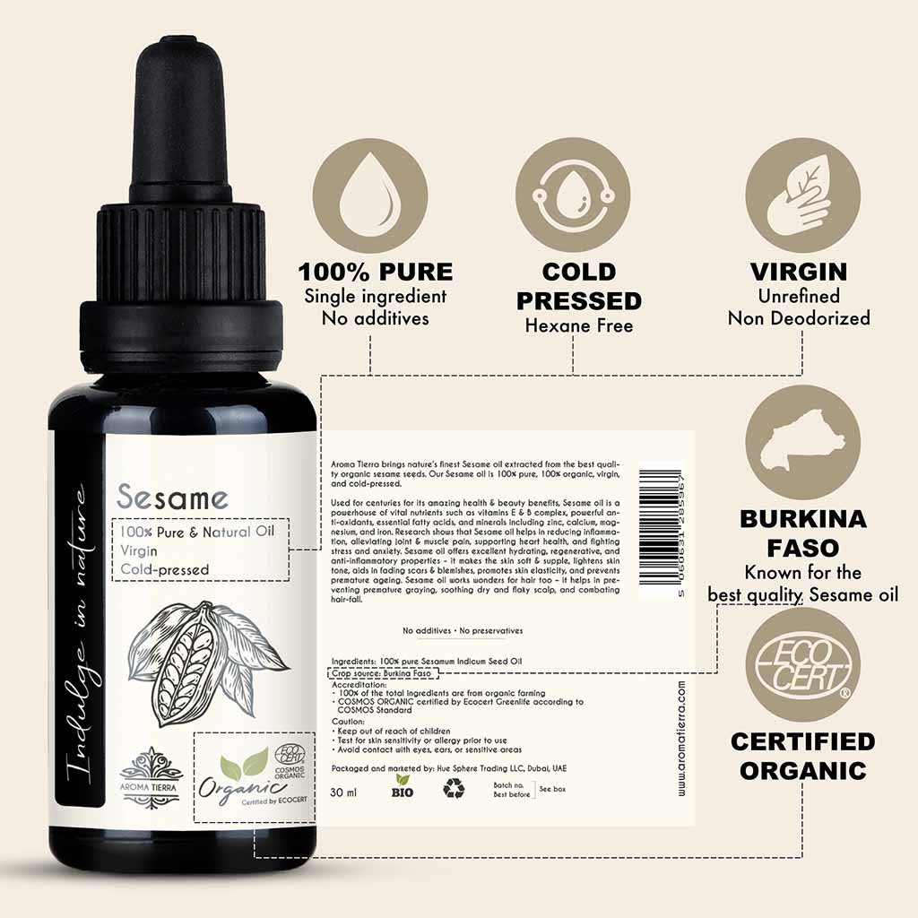 100% Certified Organic Sesame seed oil from Burkina Faso, prevents early graying of hair and promotes hair growth.
