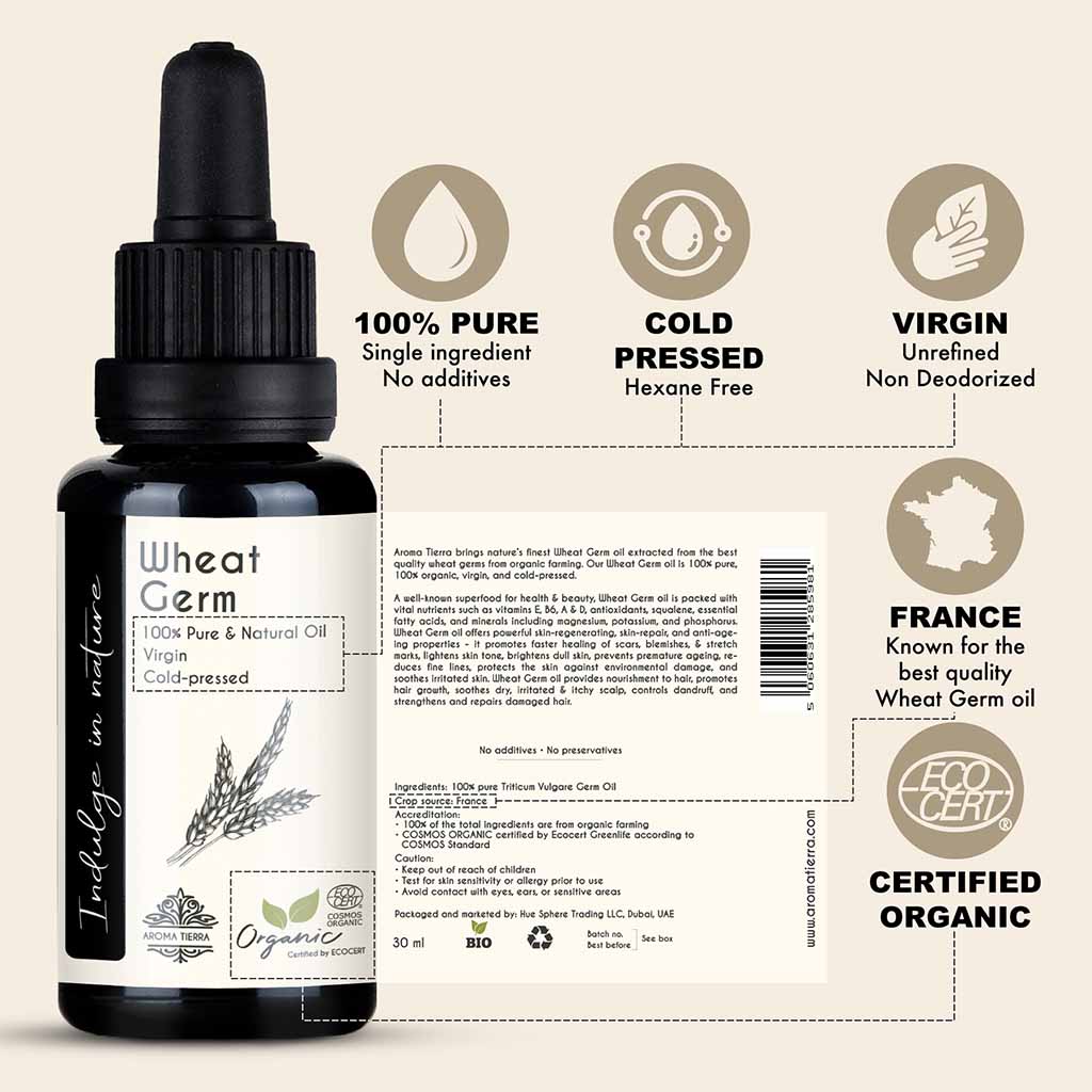 Organic Wheat Germ Oil from France with natural vitamins A and D, lighten dark spots.