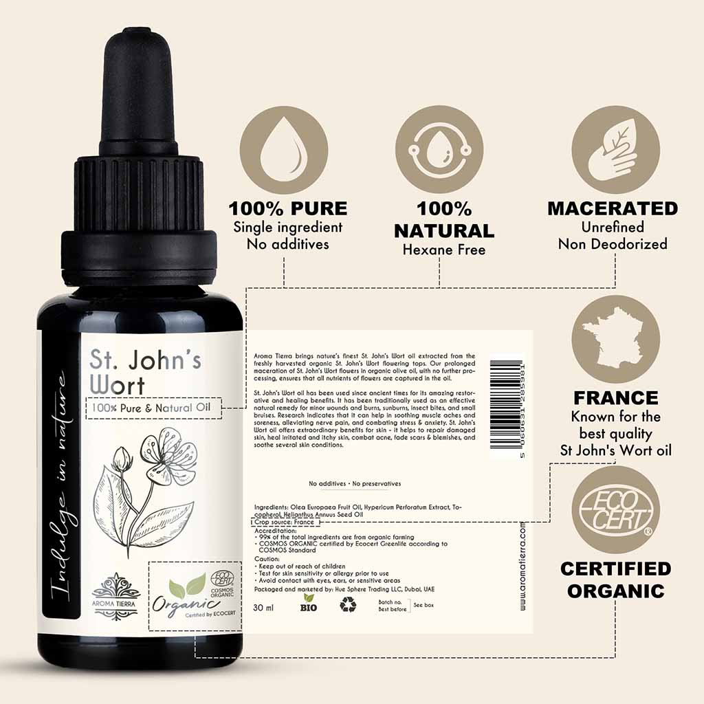 Organic St. John's Wort oil  from France, help in wound healing and scarring. Reduce blemishes and pimples.