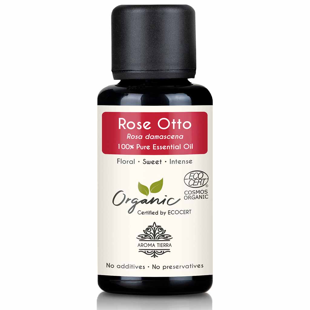 Aroma Tierra Organic Rose otto essential oil best for diffuser with floral aroma for mood enhancer, depression and emotional support, 30 ml.
