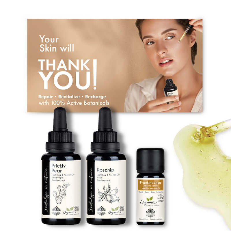 Aroma Tierra face oil set for youthful looks, with rosehip. Prickly pear, frankincense essential oil.