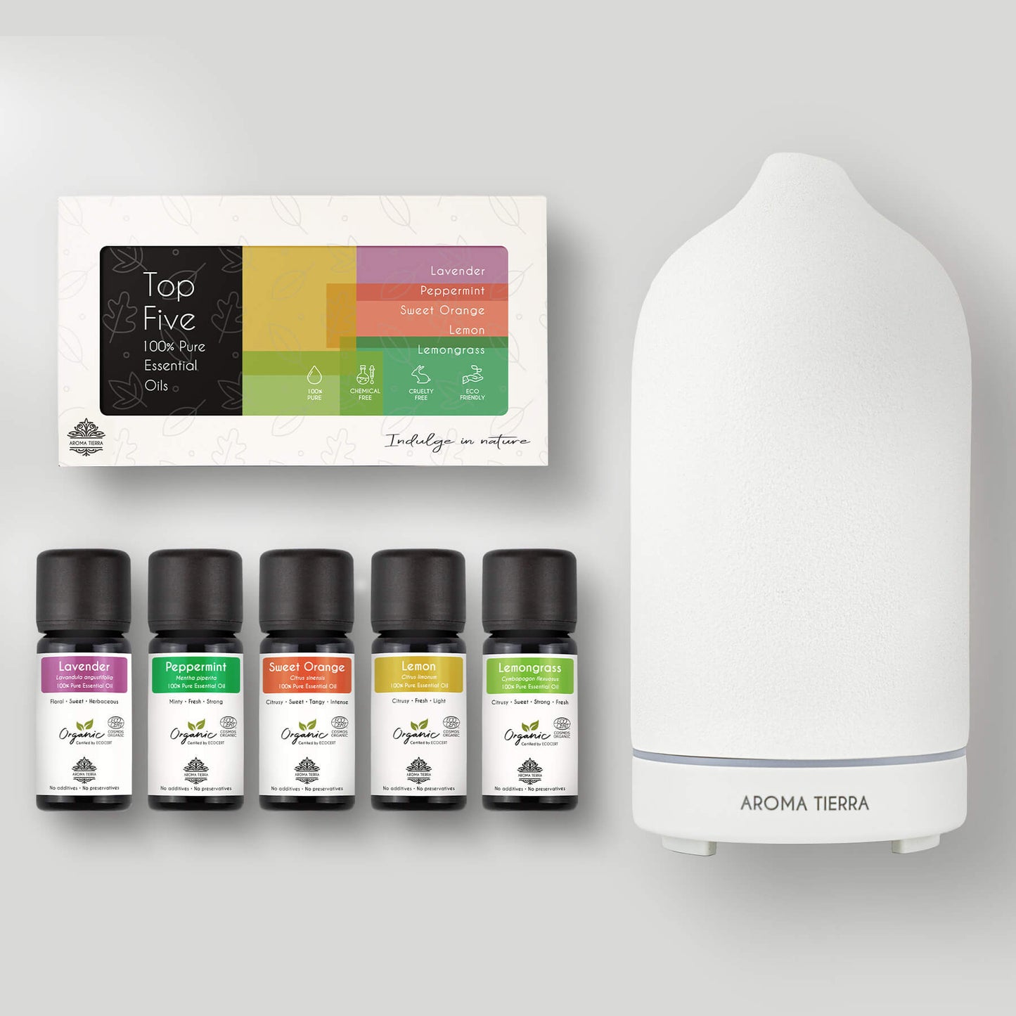 Ceramic diffuser with organic essential oils, an eco-friendly and luxurious gift set for corporate events, corporate giveaways, and wellness initiatives.