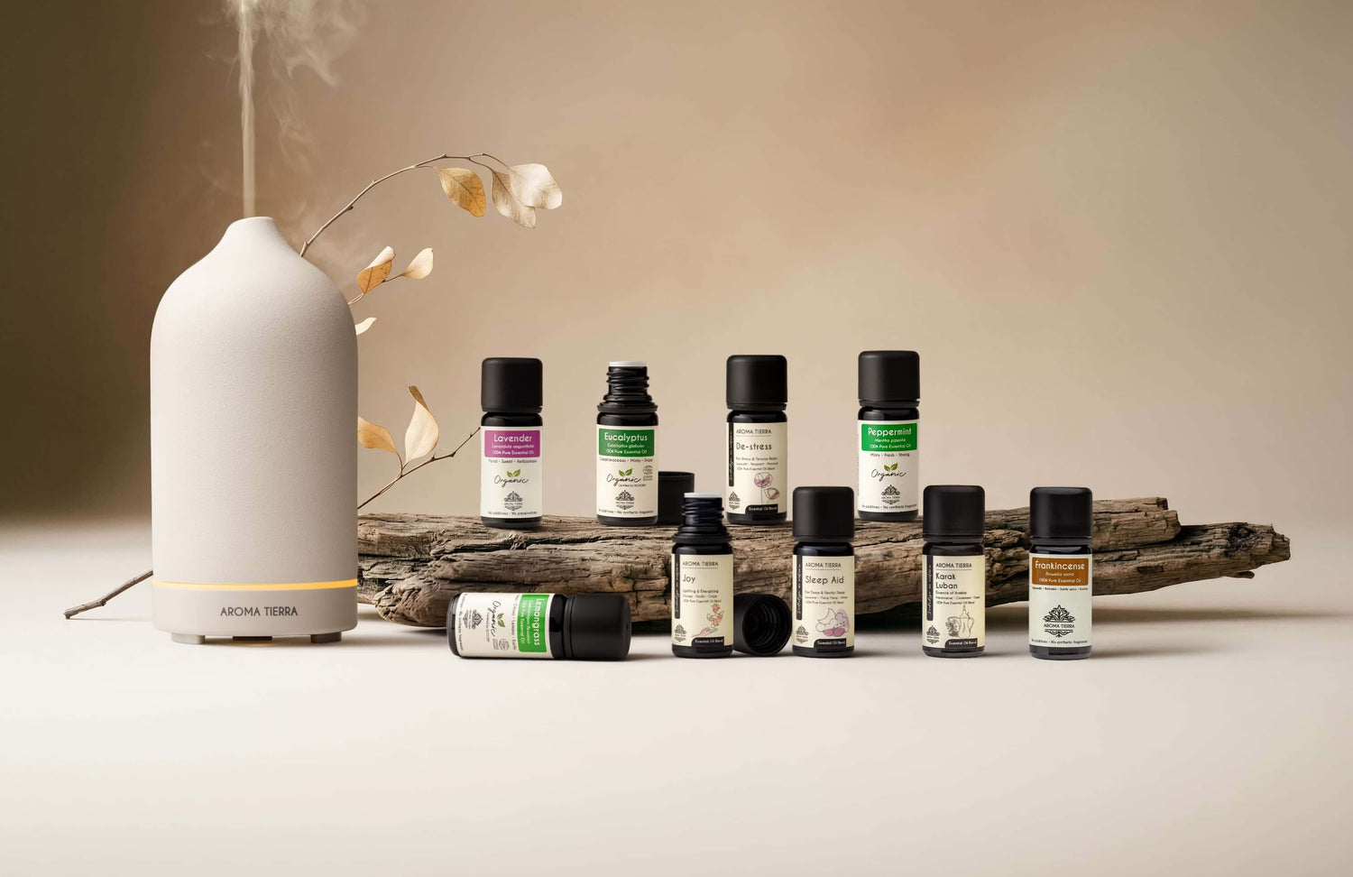 Aroma Tierra essential oils and blends for diffuser — Lavender, Frankincense, De-stress, Joy, Sleep Aid, Karak Luban & Peppermint