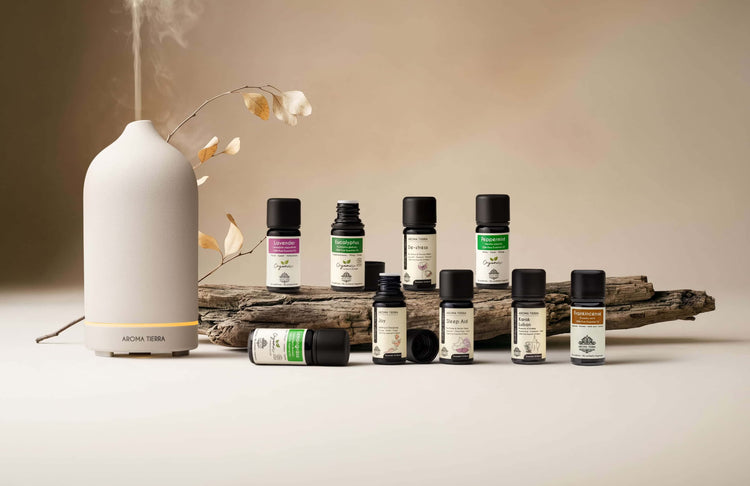 Aroma Tierra essential oils and blends for diffuser — Lavender, Frankincense, De-stress, Joy, Sleep Aid, Karak Luban & Peppermint