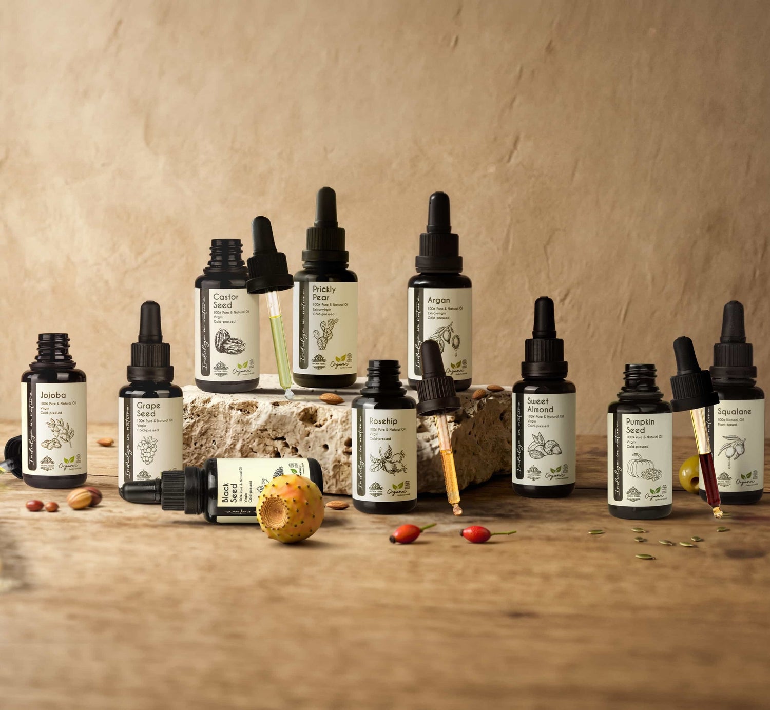Aroma Tierra organic cold-pressed carrier oils — Rosehip, Argan, Almond, Prickly Pear & Castor Seed, for face, body and hair