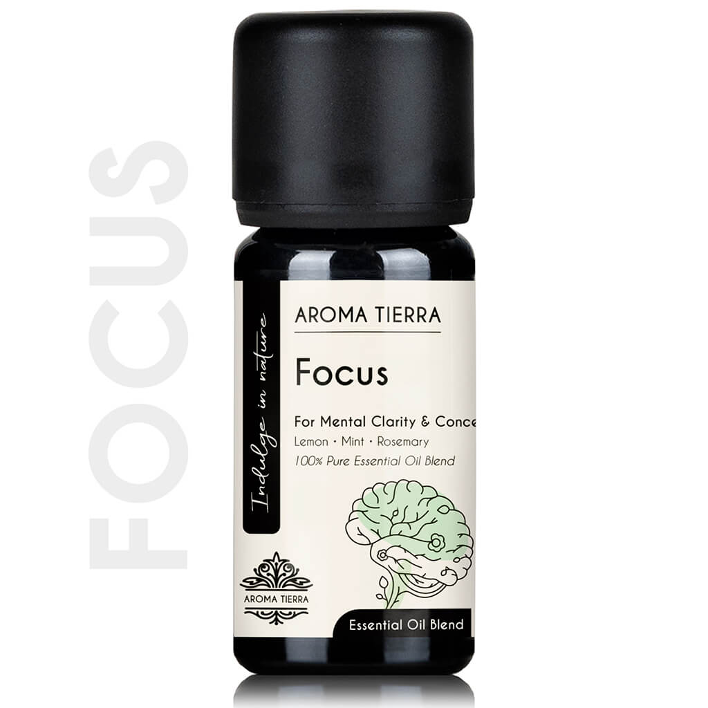 Aroma Tierra Focus essential oil blend best for mental clarity and concentration, for diffuser