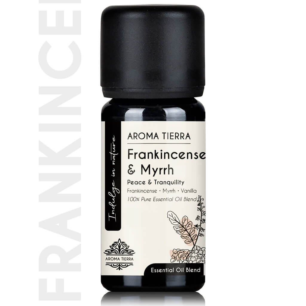 Aroma Tierra Frankincense & Myrrh essential oil blend best for promoting inner peace and tranquility, for diffusers.