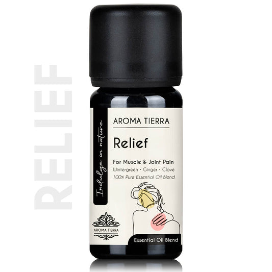 Aroma Tierra Relief essential oil blend for muscle and joint pains for diffusers. 