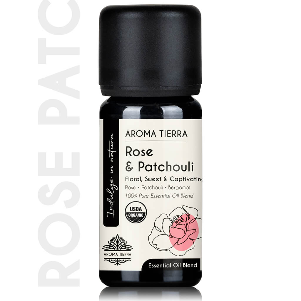 Aroma Tierra Rose and Patchouli essential oil blend with floral, sweet and captivating aroma, best for diffusers.