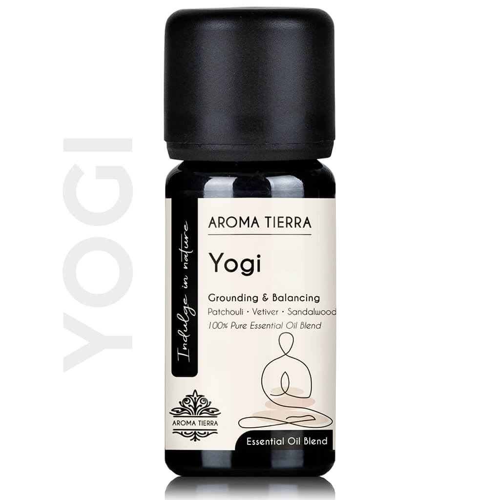 Aroma Tierra Yogi essential oil blend best for balancing and grounding, for diffusers. 