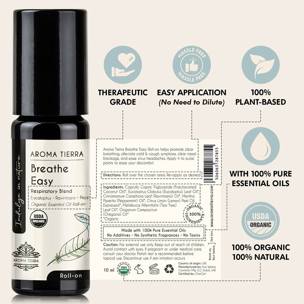 Aroma Tierra Breathe Easy Roll-on essential oil easy application, undiluted, no solvent, therapeutic grade.