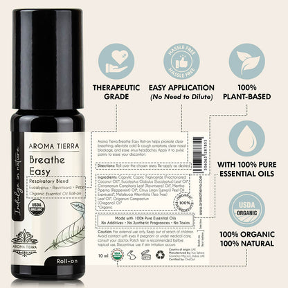 Aroma Tierra Breathe Easy Roll-on essential oil easy application, undiluted, no solvent, therapeutic grade.