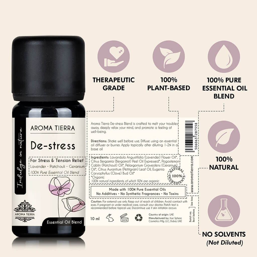 Aroma Tierra de-stress essential oil blend, therapeutic grade, undiluted, 100% plant based, no additives, no solvent