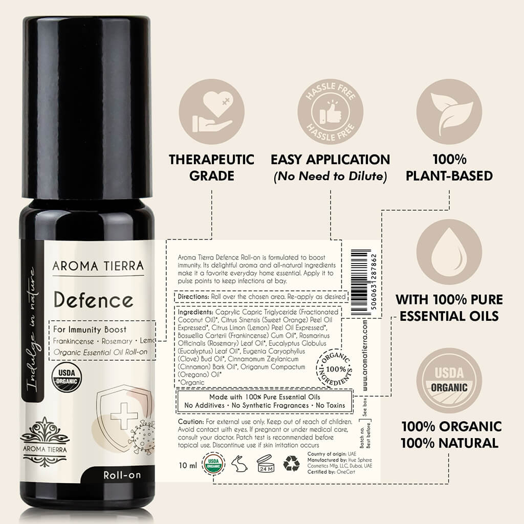 Aroma Tierra Defence Roll-on essential oil easy application, undiluted, no solvent, therapeutic grade.