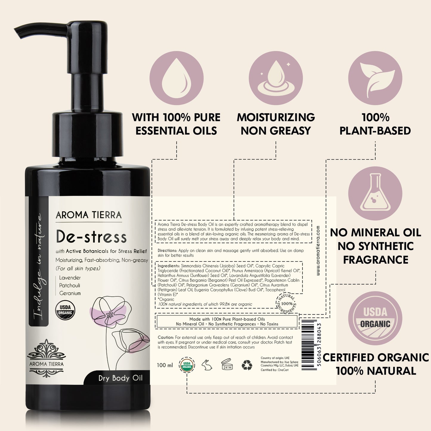 Aroma Tierra Certified Organic De-stress body oil with 100% pure essential oils, no mineral oil, no synthetic.