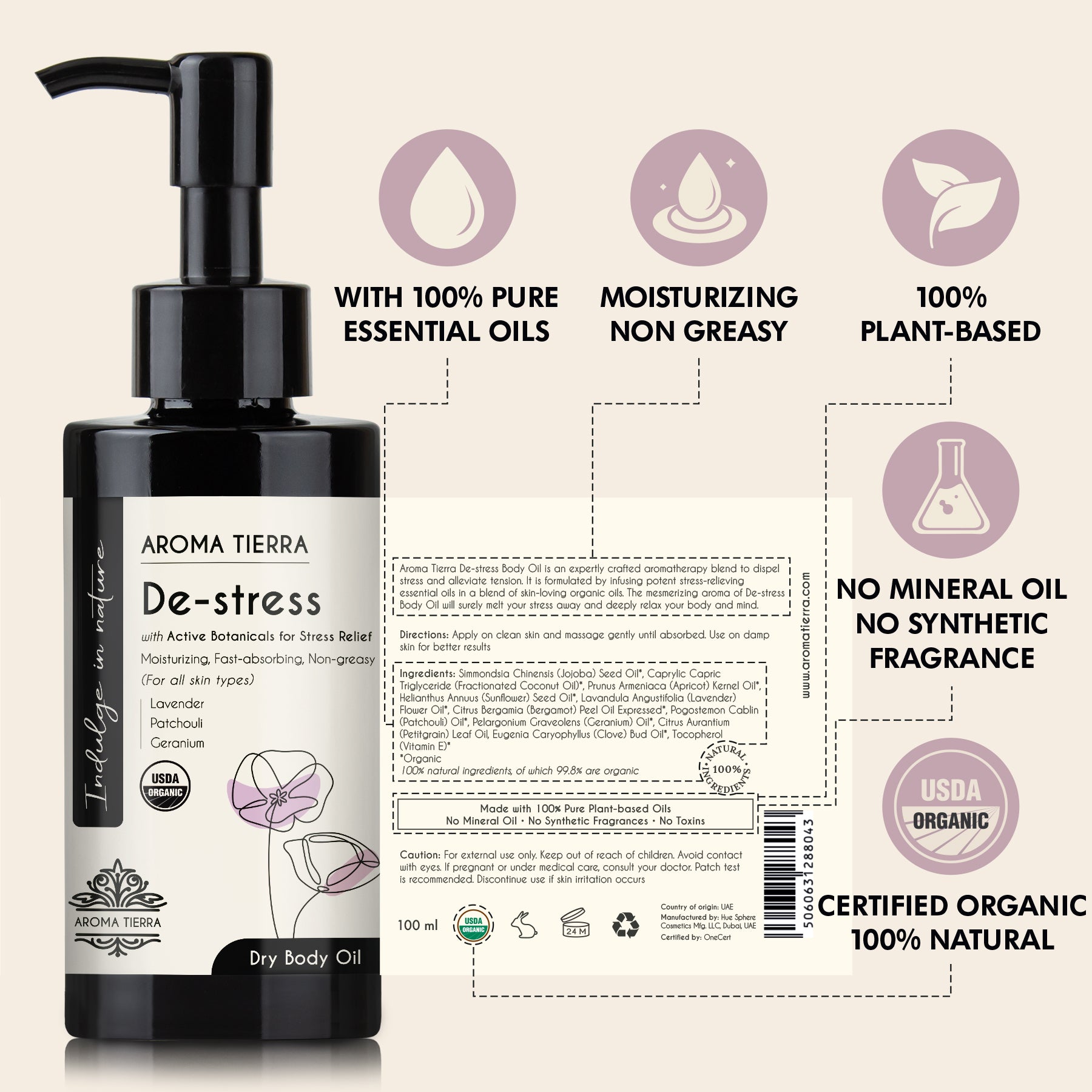 Aroma Tierra Certified Organic De-stress body oil with 100% pure essential oils, no mineral oil, no synthetic.