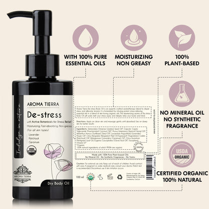 Aroma Tierra Certified Organic De-stress body oil with 100% pure essential oils, no mineral oil, no synthetic.