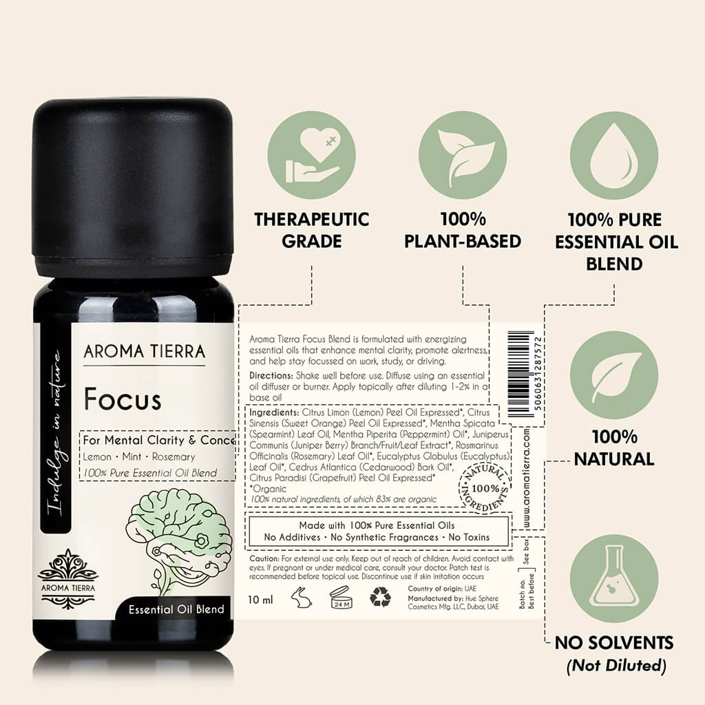 Aroma Tierra Focus  essential oil blend easy application, undiluted, no solvent, therapeutic grade, no additives, 100% pure and organic