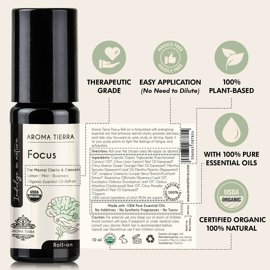Aroma Tierra Focus Roll-on essential oil easy application, undiluted, no solvent, therapeutic grade, no additives .