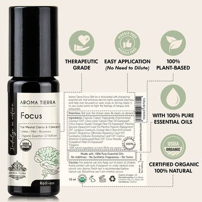 Aroma Tierra Focus Roll-on essential oil easy application, undiluted, no solvent, therapeutic grade, no additives .