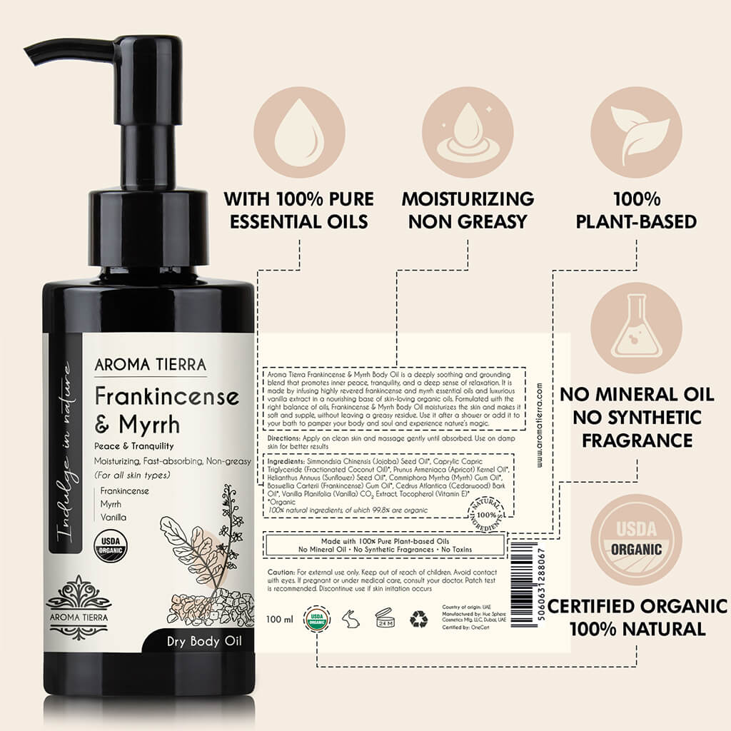 100% Pure Organic Frankincense & Myrrh body oil moisturizes the skin and makes it soft and supple.