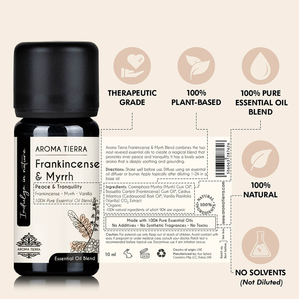 Aroma Tierra Frankincense & Myrrh Roll-on essential oil easy application, undiluted, no solvent, therapeutic grade, no additives.
