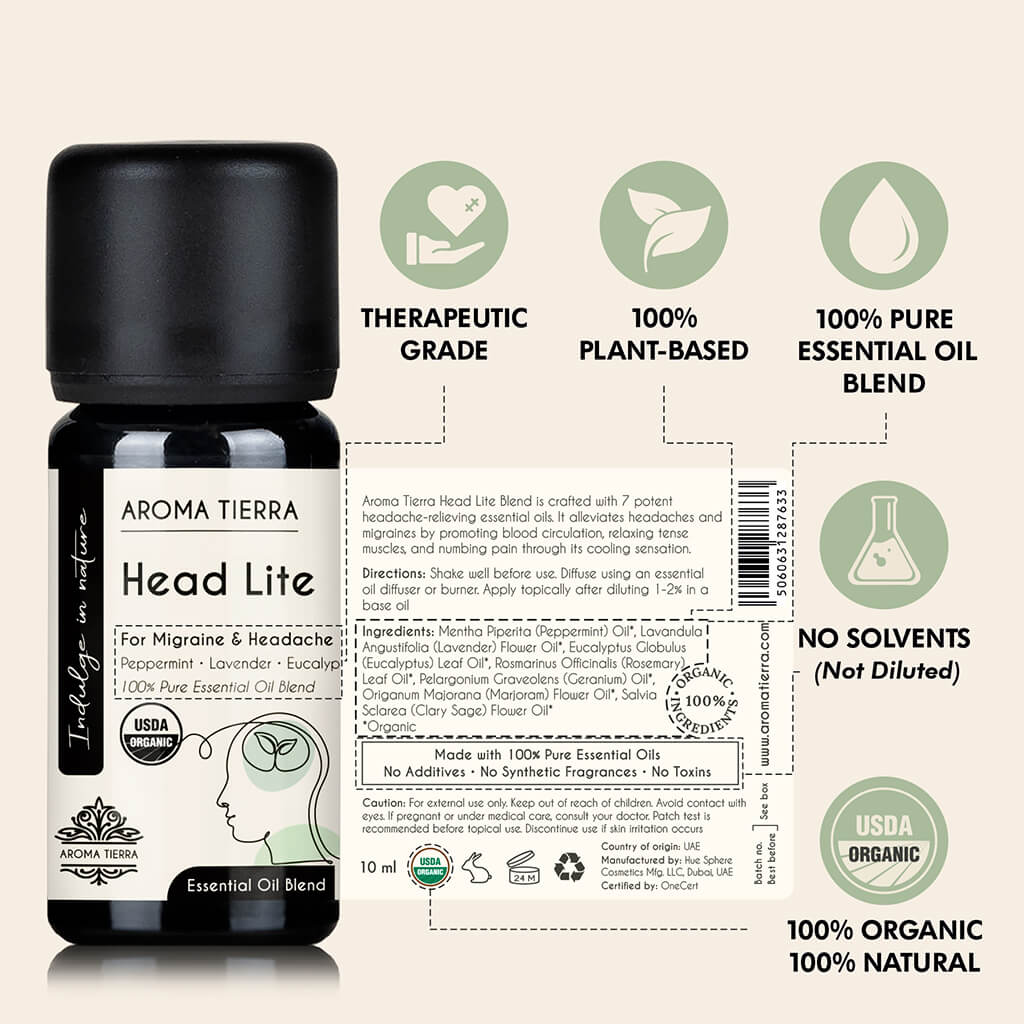 Aroma Tierra Head Lite essential oil blend, therapeutic grade, undiluted, 100% plant based, no additives, no solvent