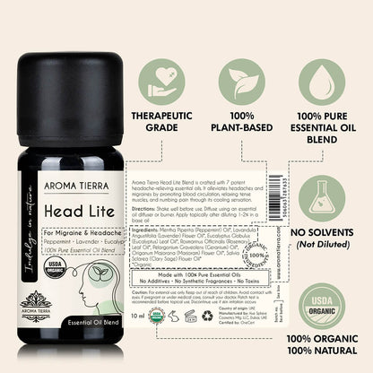 Aroma Tierra Head Lite essential oil blend, therapeutic grade, undiluted, 100% plant based, no additives, no solvent
