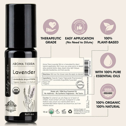 Aroma Tierra Lavender Roll-on essential oil easy application, undiluted, no solvent, therapeutic grade, no additives.