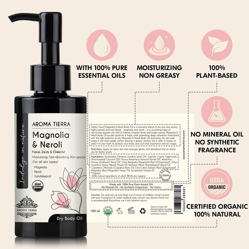 Aroma Tierra Magnolia Neroli body oil with 100% pure essential oils, no mineral oil, no synthetic fragrance.