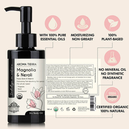 Aroma Tierra Magnolia Neroli body oil with 100% pure essential oils, no mineral oil, no synthetic fragrance.